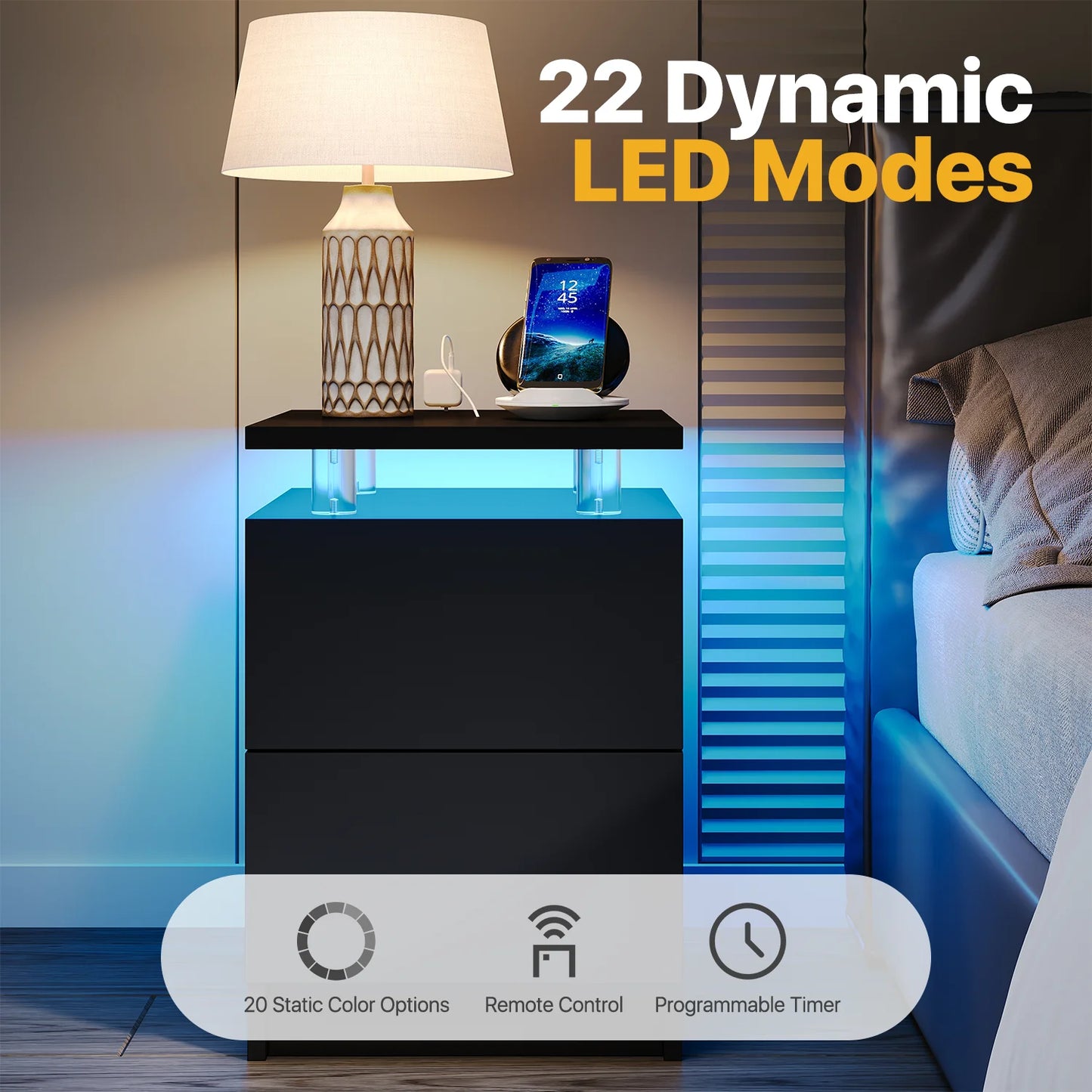 Sonegra Nightstand Set of 2 with Charging Station, LED End Table with 2 Storage Drawers, Sofa Side Table for Living Room and Bedroom, Black 15IN