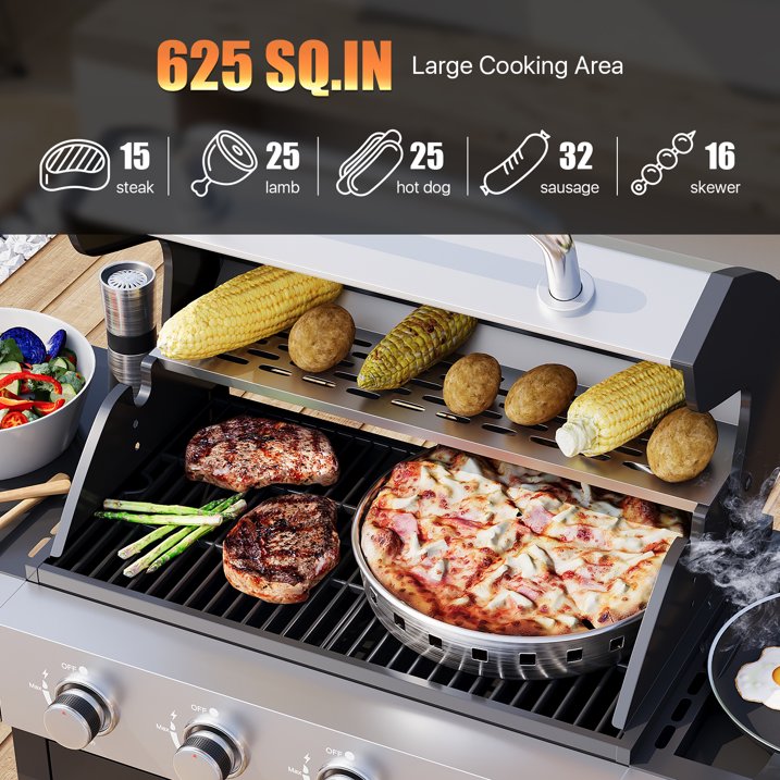 Clouddwell 4 Burner Gas Propane Grill, with 4 Casters, Side Table, and Thermometer, Patio Garden BBQ Grill Perfect for Camping, Silver