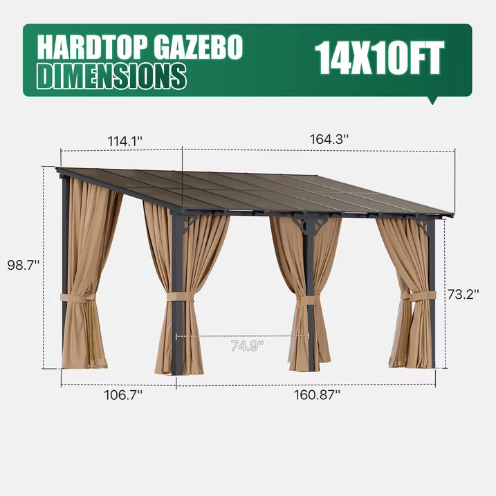 LazySunsets 10x14 FT Wall-Mounted Aluminum Gazebo Polycarbonate Roof with Full Mosquito Netting & Privacy Curtains