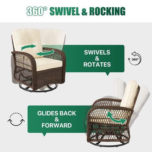3 Piece Patio Swivel Rocker Wicker Rattan Patio Conversation Set Outdoor Sectional Sofa Set with Coffee Table and White Cushions