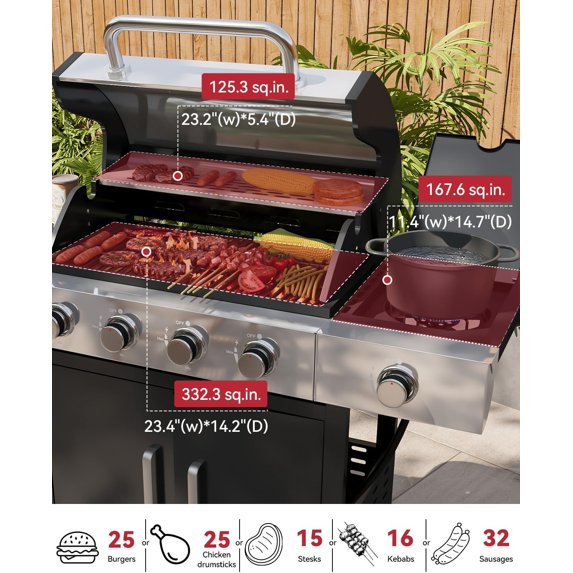 Clouddwell Designs 4-Burner Propane Gas BBQ Grill with Side Burner & Porcelain-Enameled Cast Iron Grates, 42,000 BTU Output Stainless Steel Grill for Outdoor Cooking Kitchen