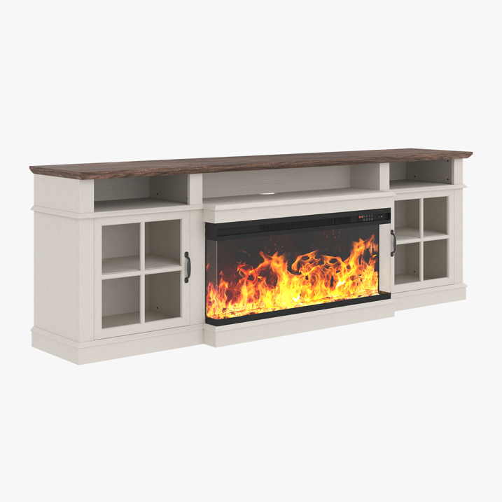 Sonegra 80 inch Fireplace TV Stand for TVs up to 90" with Electric Fireplace, Farmhouse Entertainment Center with LED Lights and Glass Door, Modern TV Consoles for Living Room, White