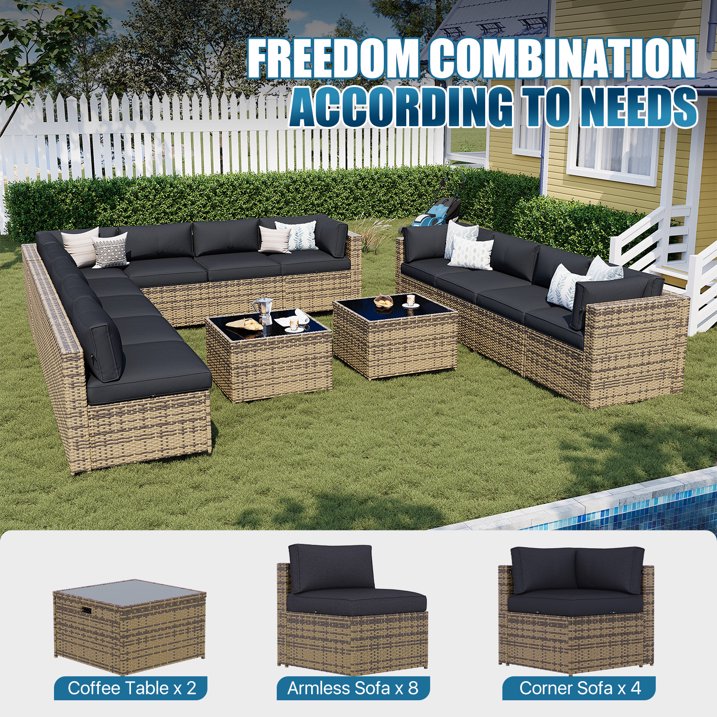 Sunmthink Patio Furniture Sets, 14-Piece Outdoor Patio Furniture with Thick Cushions, Wicker Outdoor Conversation Set and Waterproof Cover for Backyard, Poolside, Garden