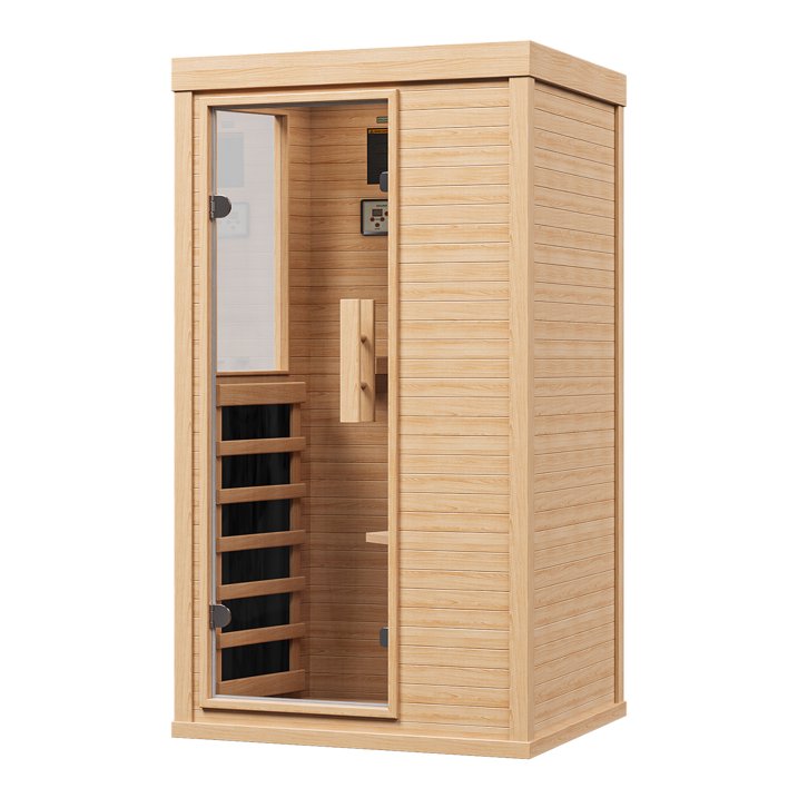 Sunmthink Full Spectrum Infrared Sauna , 1-Person Home Sauna 850W Hemlock Wood Spa with Resonance Speaker & Tempered Glass