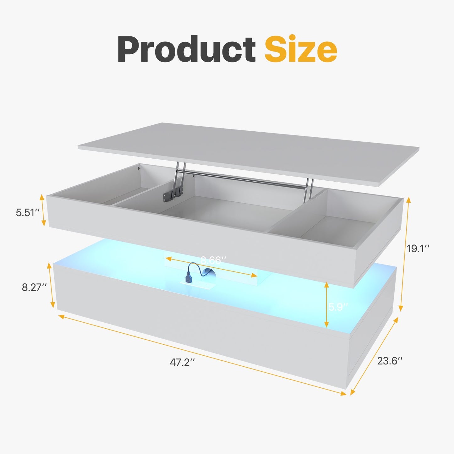 Sonegra 47" High-Glossy LED Lift Top Coffee Table with 2 Sliding Drawers, Large Open Storage Space & Ambient LED Lighting, Modern Double-Layer Livingroom Table, White