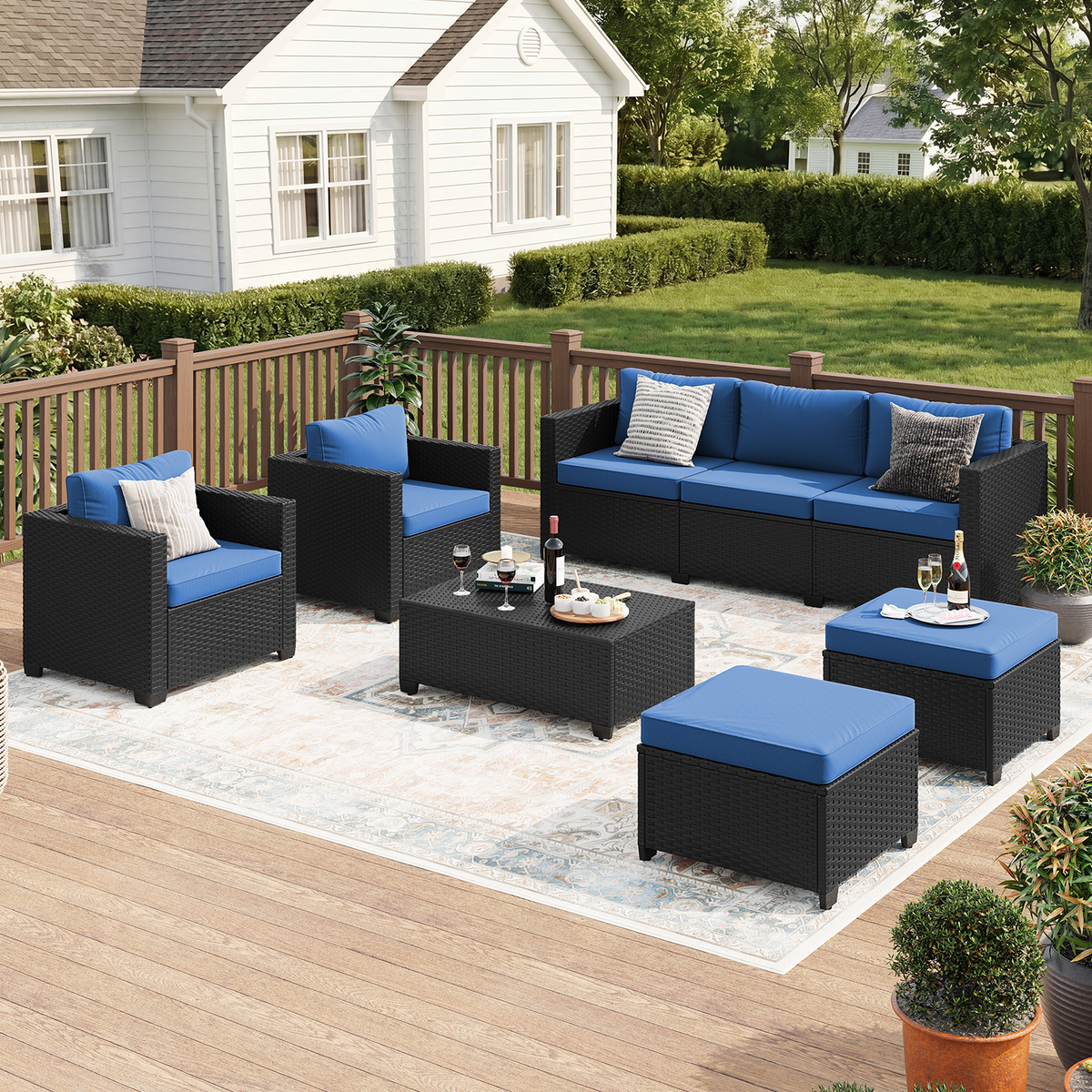 LazySunsets 6 Piece Outdoor Furniture Set, Rattan Wicker Outdoor Conversation Set Patio Furniture, Navy Blue/Black