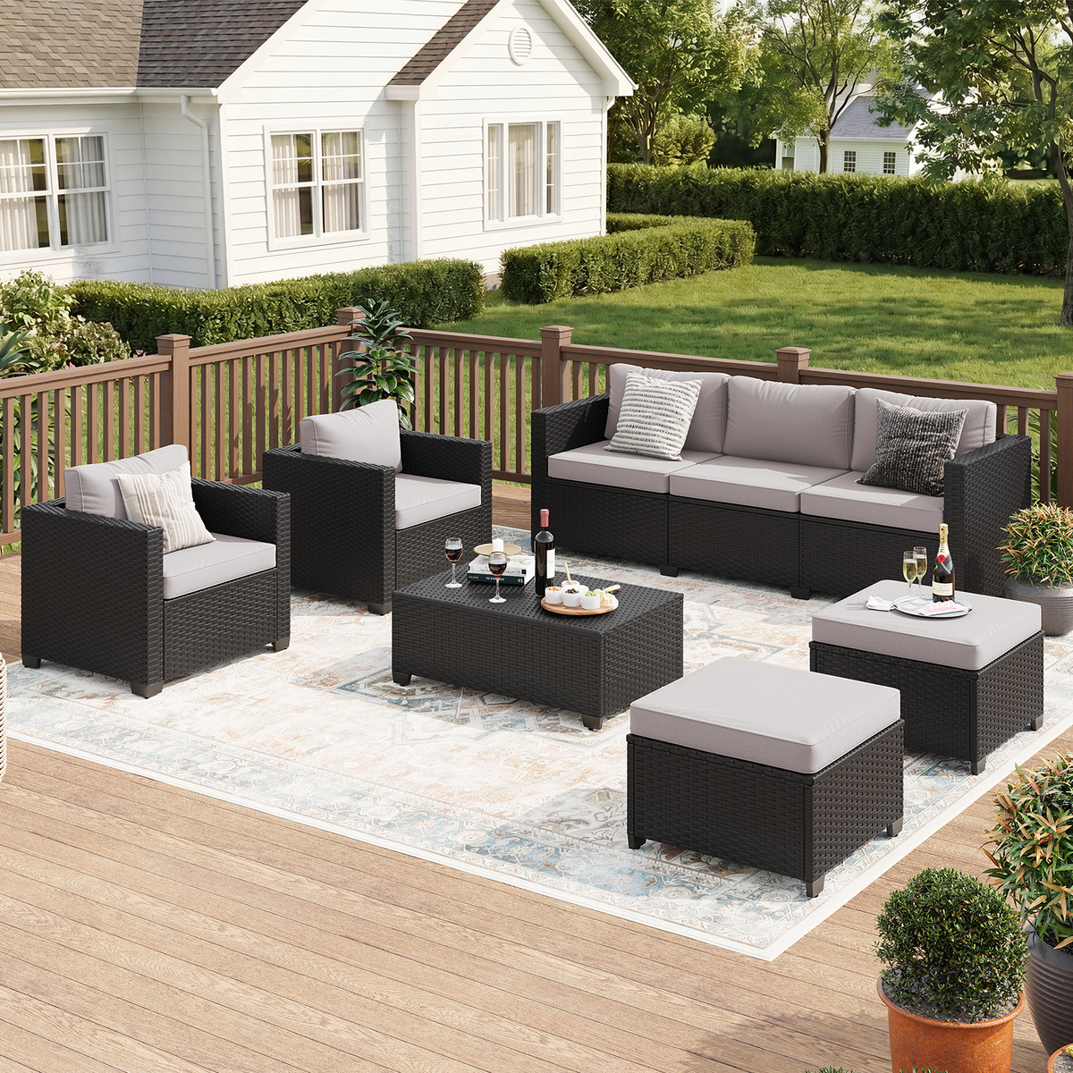 LazySunsets 6 Piece Outdoor Furniture Set, Rattan Wicker Outdoor Conversation Set Patio Furniture, Light Gray/Black