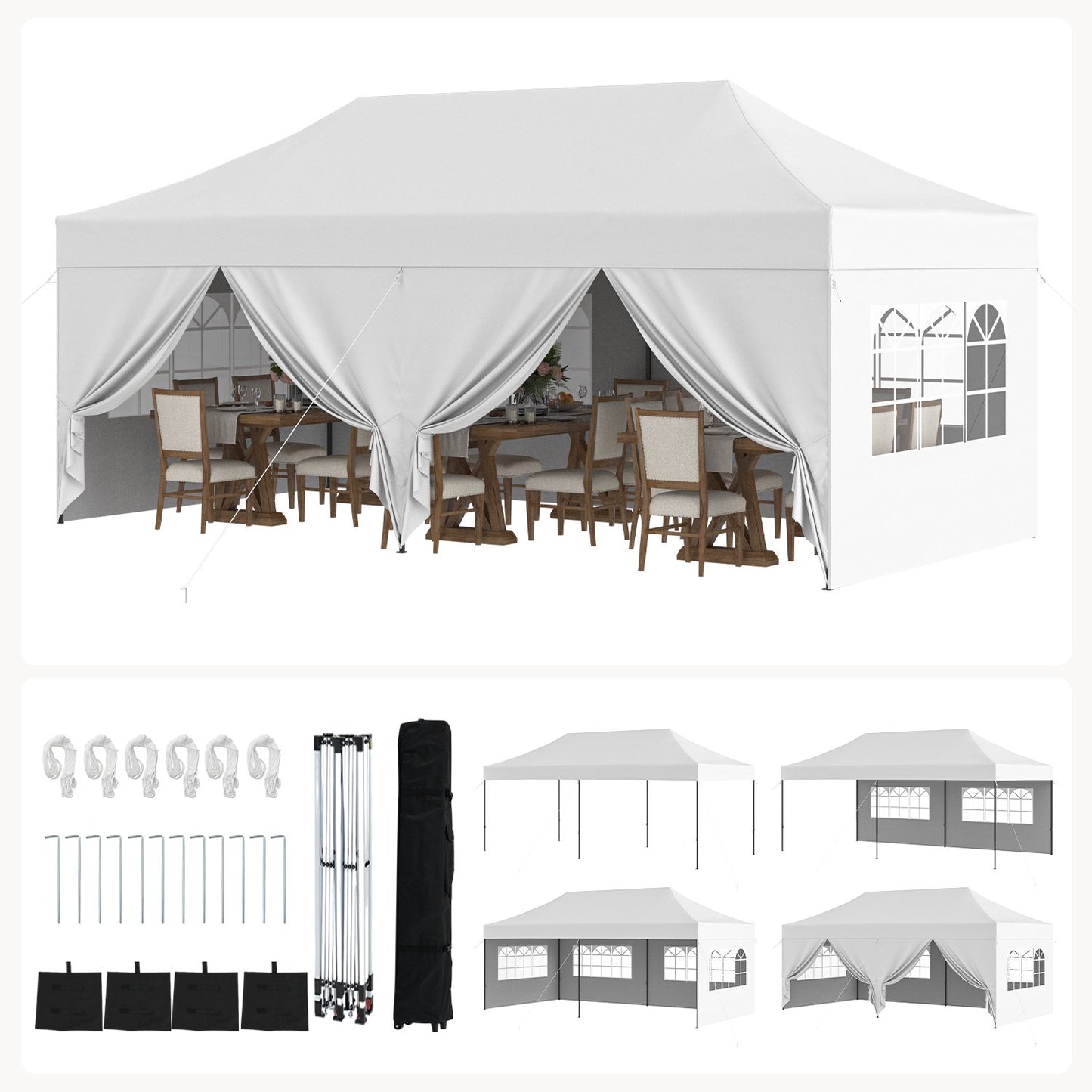 Clouddwell 10'x20' Pop Up Canopy Tent with 6 Removable Sidewalls, Adjustable Height Instant Outdoor Canopy, Portable Sun Shade Shelter with 4 Sandbags, Easy Setup for Parties, Camping, Events, White