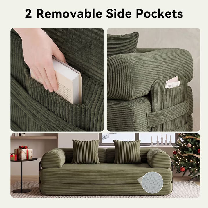 LazySunsets Sofa Bed Convertible Boneless Couch Corduroy Modular Couch Bed with Fixed-Shape Frame & Removable Armrests for Living Room, Bedroom Green