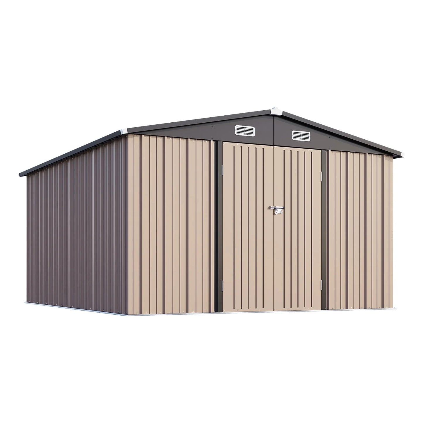 Clouddwell 10 x 12FT Shed Outdoor Storage Shed with Double Hinged Large Door, Large Metal Shed with Lockable Door & Sloped Roof for Garden, Backyard, Patio and Backyard, Brown