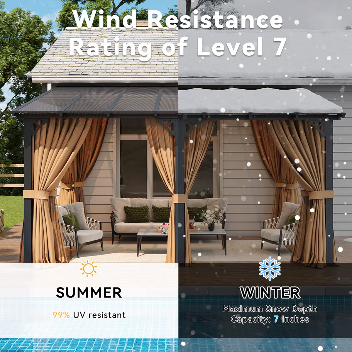 Aoxun 10'x14' Lean to Gazebo with Mosquito Net and Curtains, Aluminum Frame, Polycarbonate Panel, Wall Mounted Pergola with Sloped Roof for Backyard, Porch, Deck