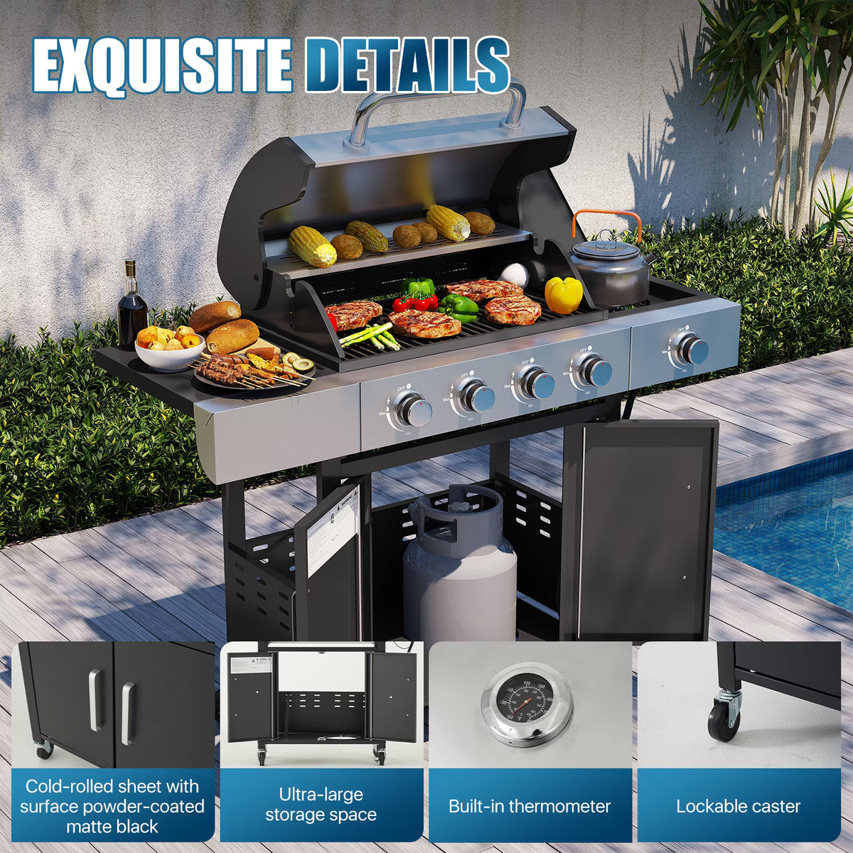 Dateyes 4 Burner Propane Gas Grill, Stainless Steel, Built-in Thermometer, 4 Swivel Casters, and Side Table, Suitable for Camping, Outdoor Cooking, Patio, and Garden