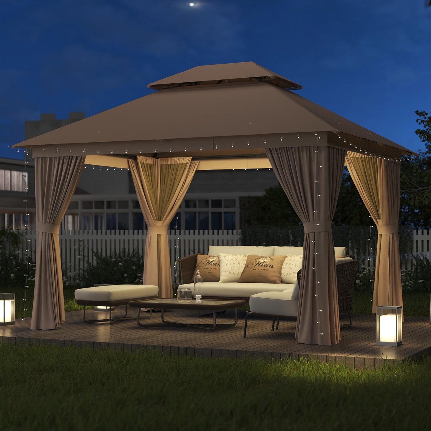 Clouddwell 10'x12' Patio Gazebo Double Roof Protection All-Weather Outdoor Shelter Features Insect Screens & Privacy Curtains Ideal for Backyard, Lawn, or Deck Events (Beige)