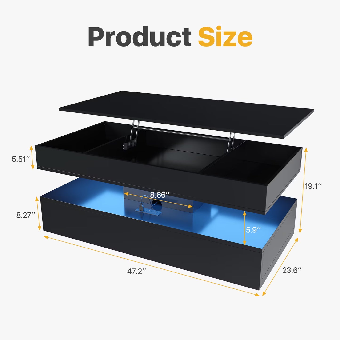 Sonegra 47" High-Glossy LED Lift Top Coffee Table with 2 Sliding Drawers, Large Open Storage Space & Ambient LED Lighting, Modern Double-Layer Livingroom Table, Black