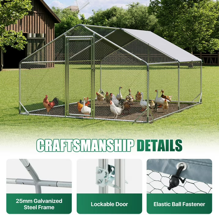 Clouddwell 128 Sq Ft Large Walk-In Chicken Coop with Waterproof Spire Roof - Heavy-Duty Metal Outdoor Poultry Run & Duck House for 10-15 Chickens