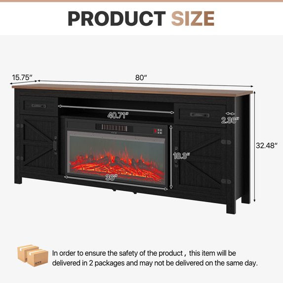 Sonegra 80" Fireplace TV Stand, Entertainment Center for TVs Up to 90”, TV Console with Storage Cabinets, Media Console for Living Room, White TV Stand and Black Fireplace, Black