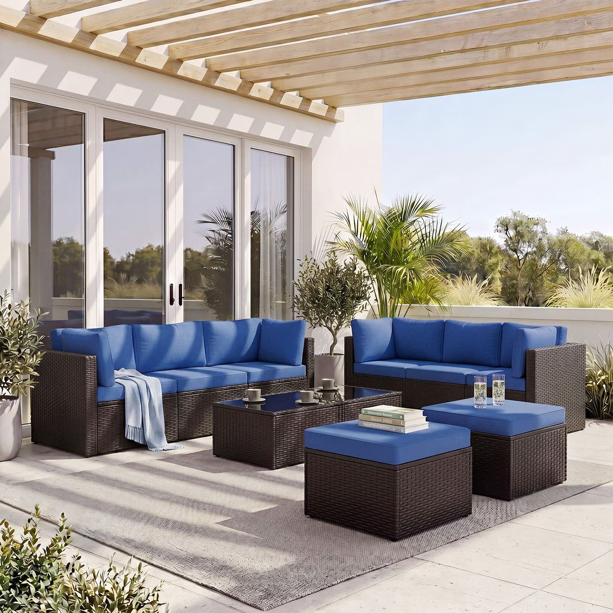 Dateyes 10 Pieces Patio Furniture Set, All-Weather Wicker Rattan Patio Sectional Sofa Set with Coffee Table and Waterproof Cover(Navy Blue)