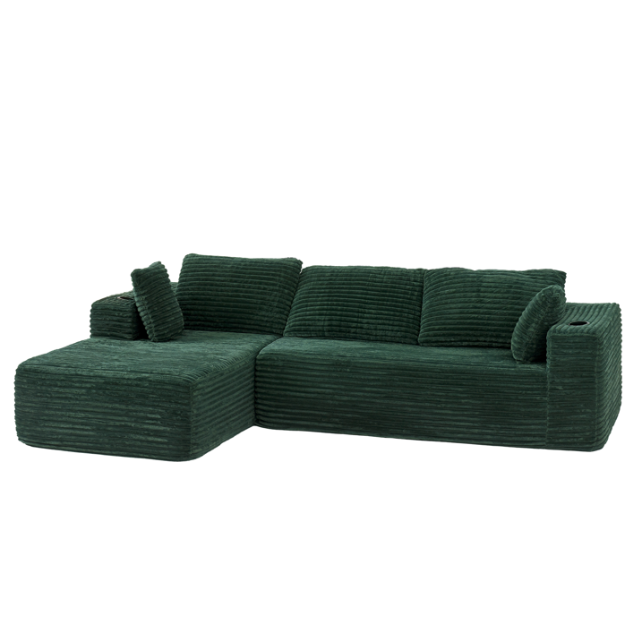 Sunmthink Cloud Couch Corduroy Modular Sectional Sofa L-Shape Boneless Couch with Wide Armrests and Cup Holders for Living Room Bedroom, No Assembly Required (Black)