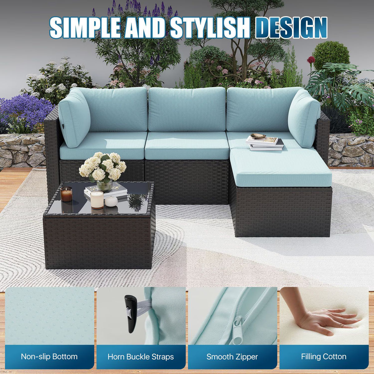 Dateyes 10 Pieces Patio Furniture Set, All-Weather Wicker Rattan Patio Sectional Sofa Set with Coffee Table and Waterproof Cover(Light Blue)