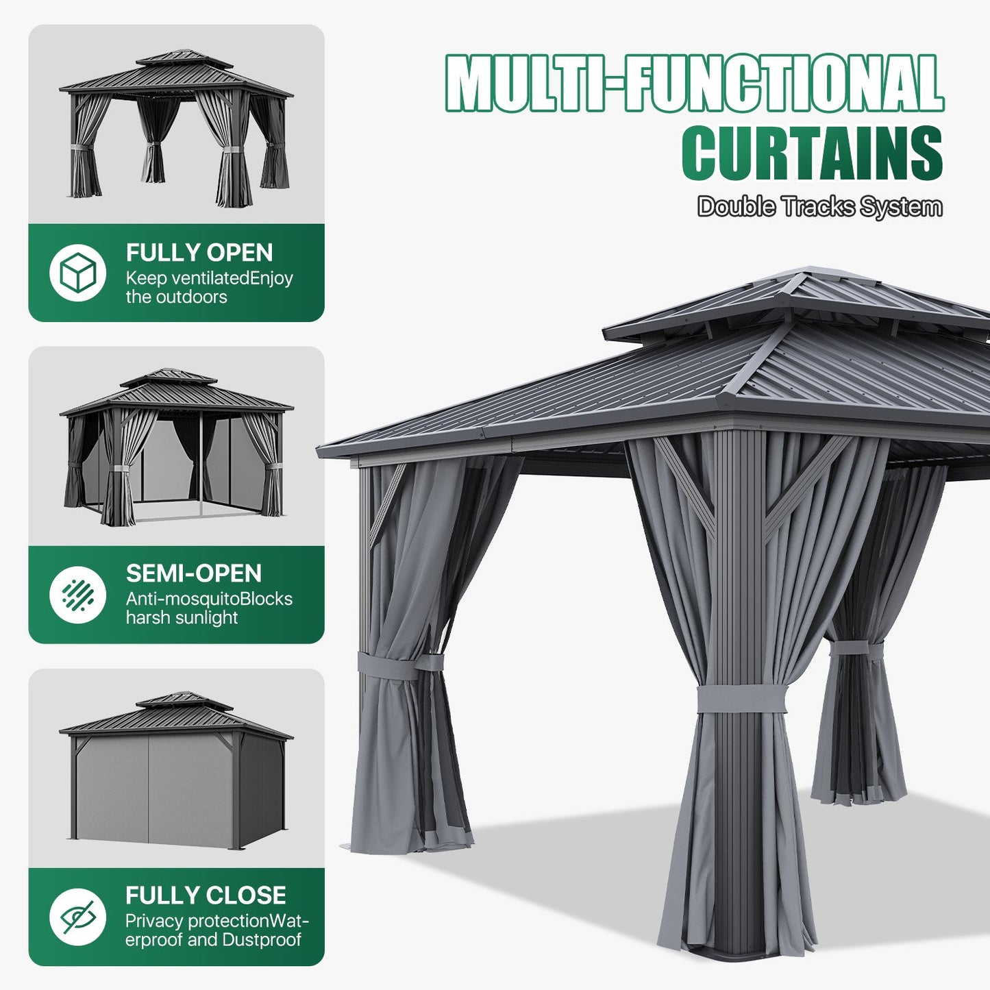 Clouddwell 12' x 12' Gazebo for Patio, Gazebo Pergola with Sloped Roof, Large Wall-Mounted Heavy Duty Awnings, for Deck, Patio and Backyard