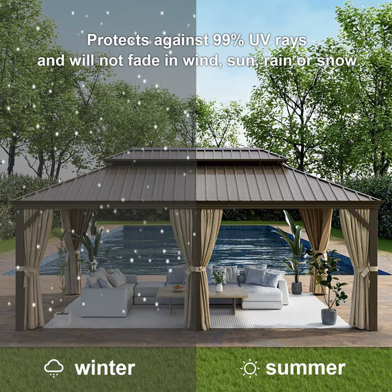 Aoxun 12'x20' Hardtop Gazebo, Outdoor Steel Double Roof Canopy, Aluminum Frame Permanent Pavilion with Curtains and Netting, Sunshade for Garden, Patio, Lawns