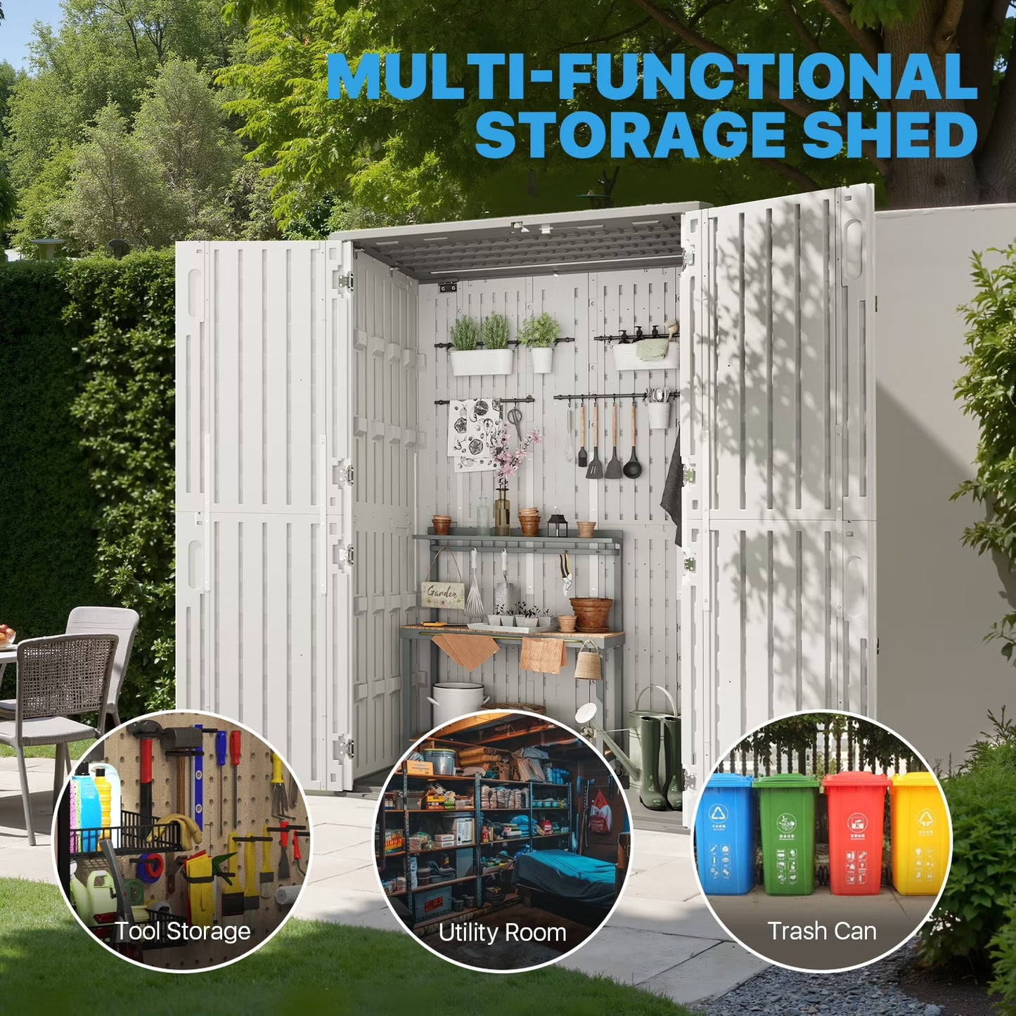 Sunmthink 5'X3' Resin Storage Shed with Floor, Outdoor Storage Shed, Waterproof Plastic Shed with Lockable Four Doors, Thick 4mm Resin Panels