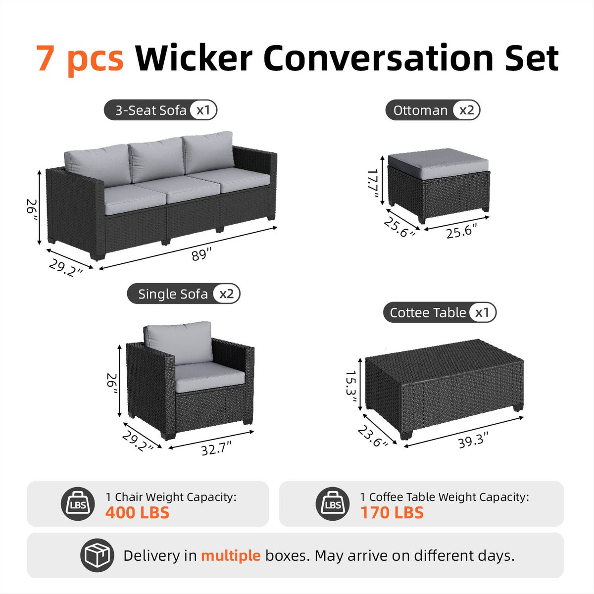Dateyes 7 Seats Patio Furniture Set, Rattan Wicker Outdoor Conversation Sectional Sofa Set with Storage Coffee Table and Waterproof Cover,Gray