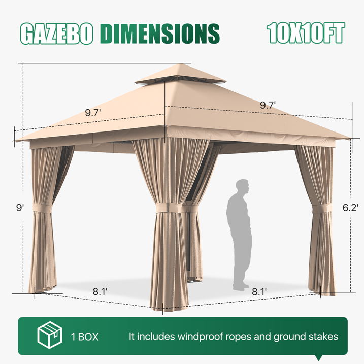 Clouddwell 10'x10' Patio Gazebo Double Roof Protection All-Weather Outdoor Shelter Features Insect Screens & Privacy Curtains Ideal for Backyard, Lawn, (Beige)