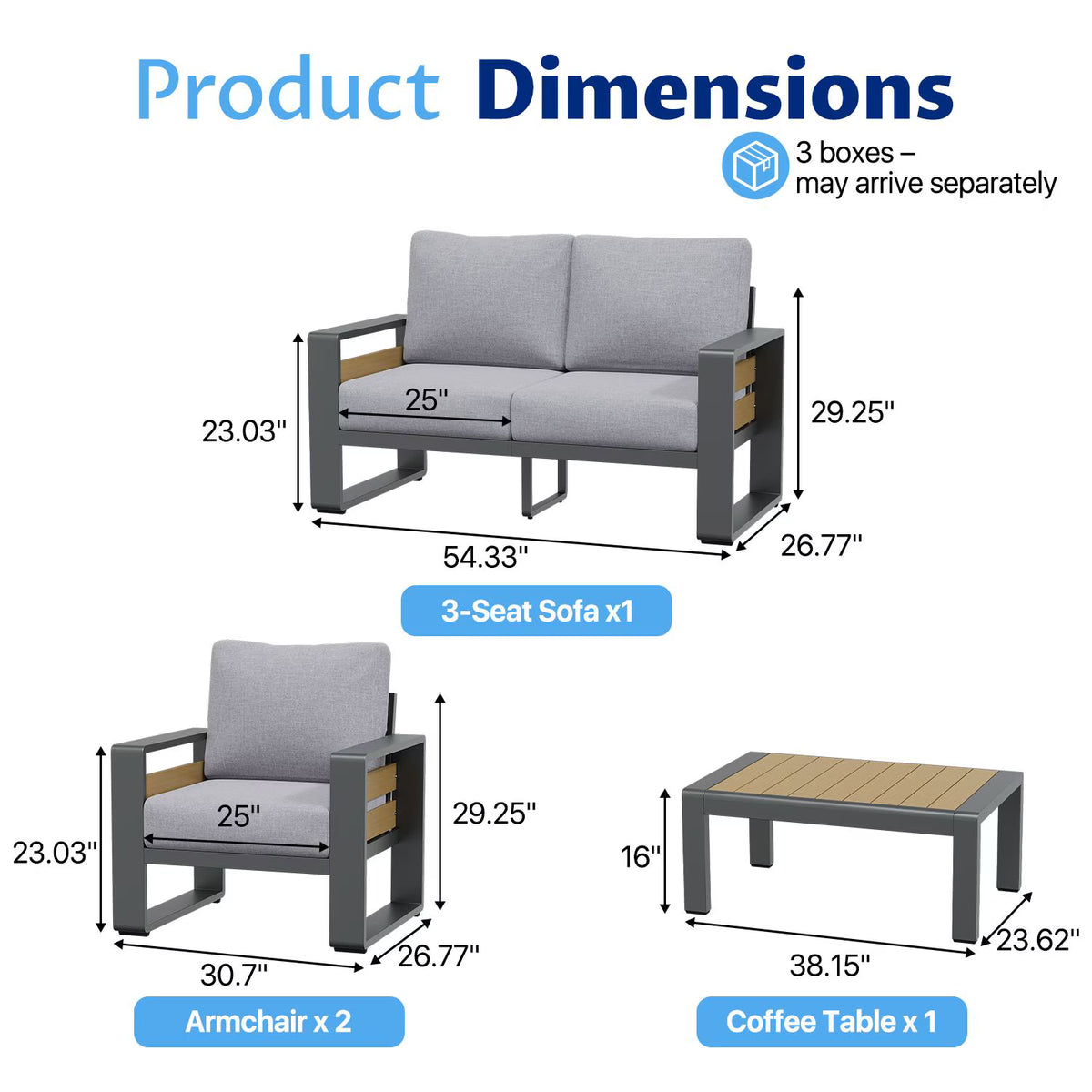 Dateyes 4 Piece Aluminum Patio Furniture Set, 4-Seat Luxury Outdoor Sectional with 6" Olefin Fabric Cushions, Light Grey