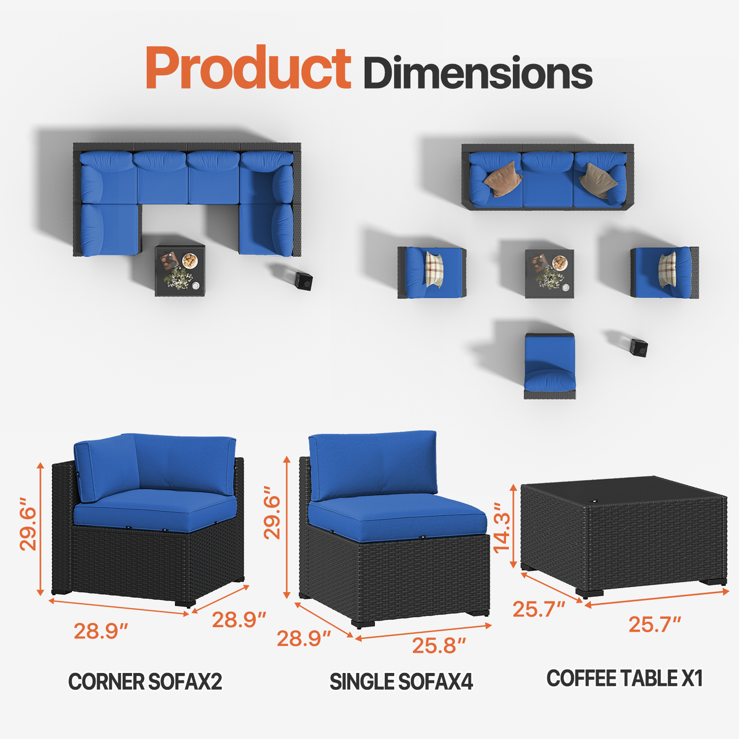 Clouddwell 7 Pieces Patio Furniture Set, All-Weather Wicker Rattan Patio Sectional Sofa Set with Coffee Table (Navy Blue)