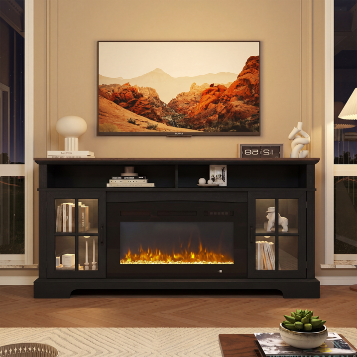 Sonegra Fireplace TV Stand with Glass Door for TVs up to 80", 70" Entertainment Center with Fireplace, Media Console for Living Room, Black
