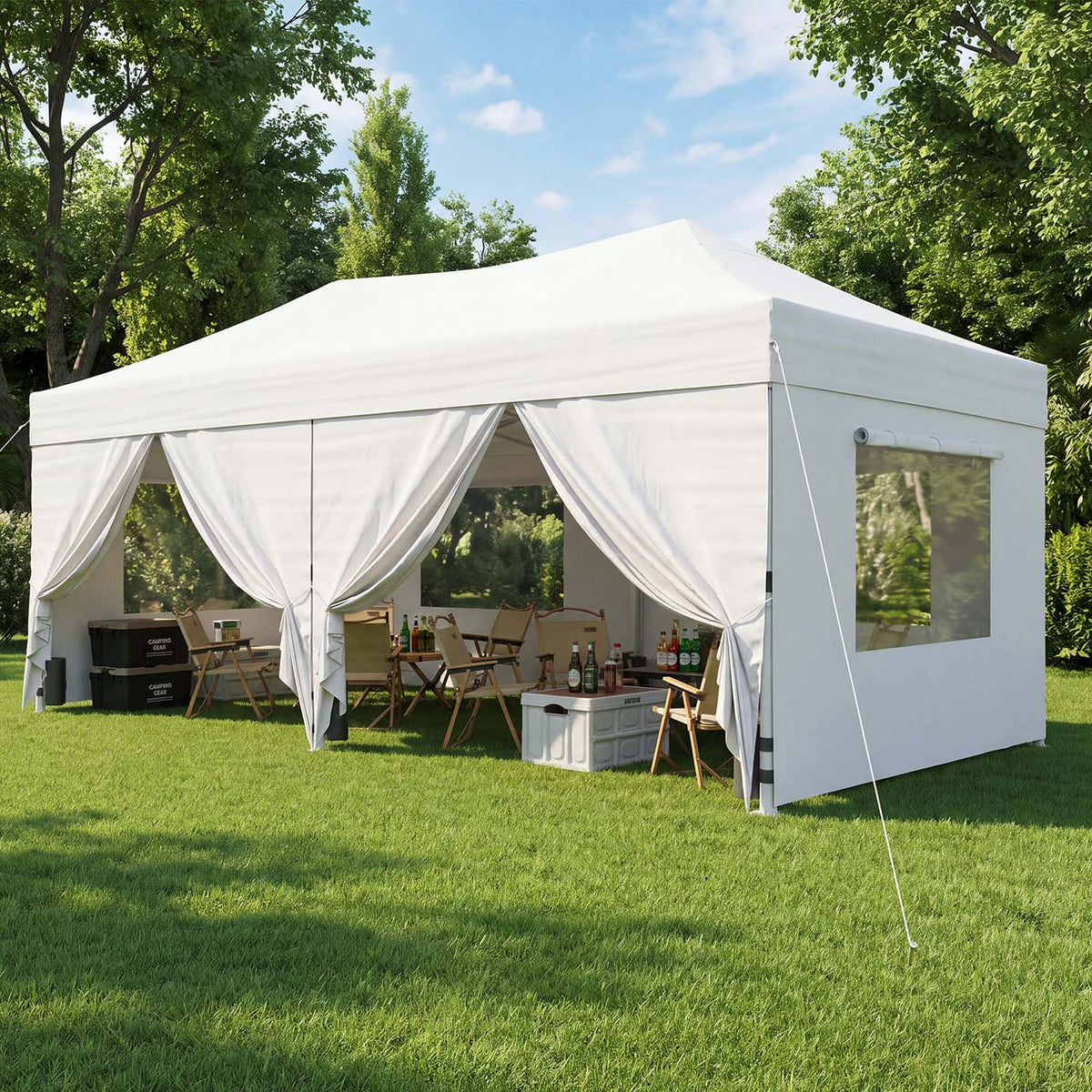 Dateyes 10x20 FT Pop Up Canopy with Mesh Window Sidewalls, Portable Ez Setup Heavy Duty Canopy Tent with Sandbags, Instant Shelter for Outdoor Event, Party, Commercial, White