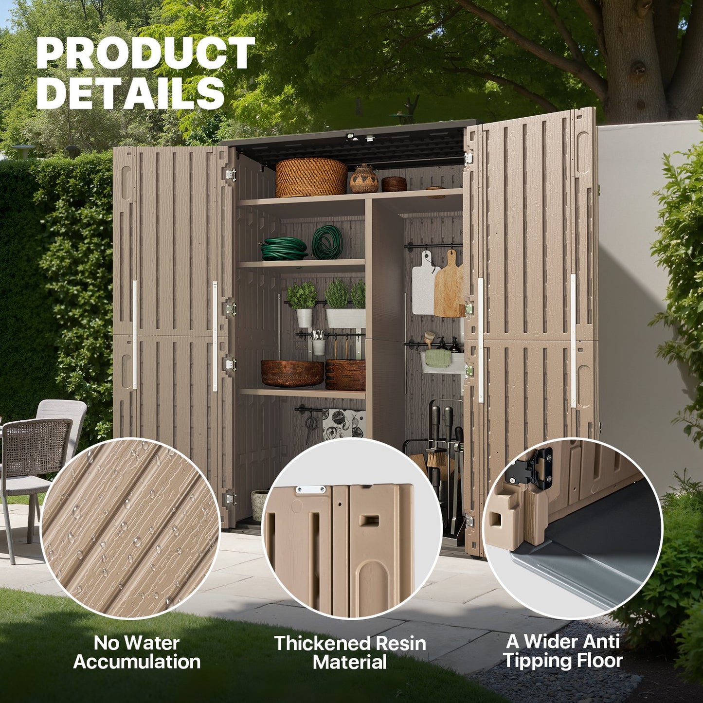 Cloudwell Outdoor Storage Shed with Metal Shelving Kit & Floor , 64 Cu.Ft Vertical Waterproof Resin Storage Cabinet for Garage Storage, Pool Storage, Bike Shed, Garden Tools, Patio Furniture, Brown