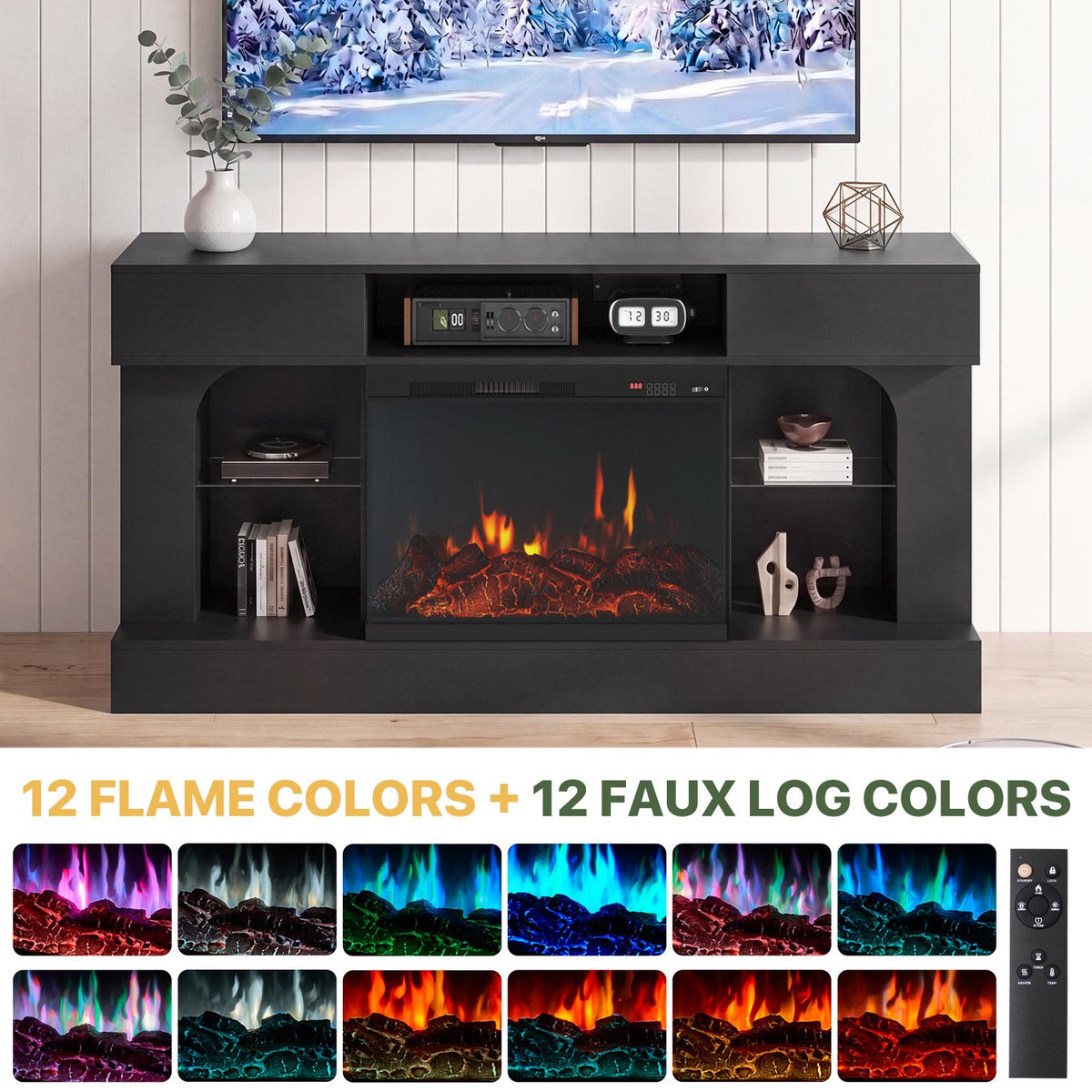 Sonegra 58 Inch Fireplace TV Stand, 3‑Sided Glass Electric Fireplace Media Console Fits Up to 65" TV, Entertainment Center with Shelves & Spacious Storage, LED Flame TV Cabinet for Living Room, Black