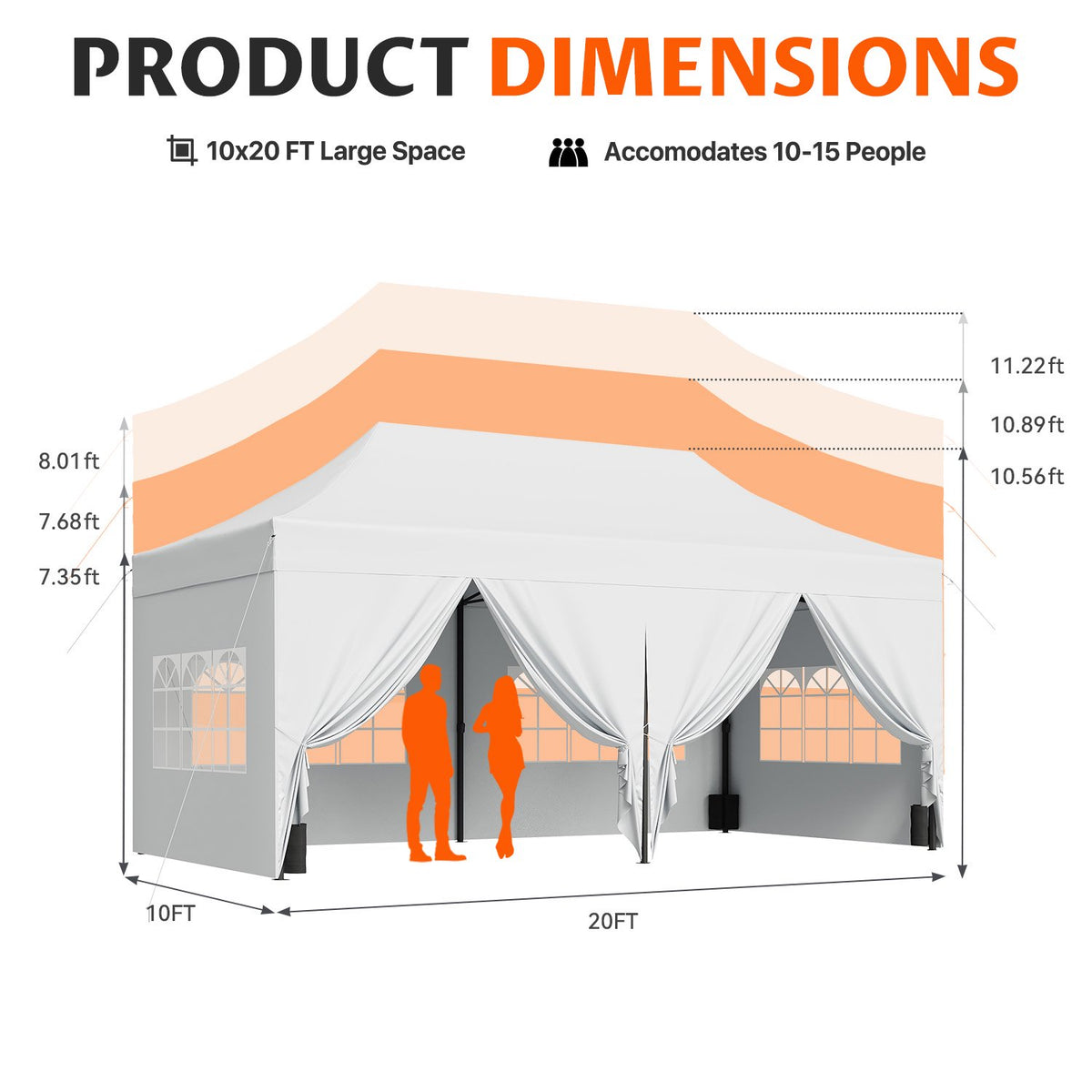 Dateyes 10x20 FT Pop Up Canopy Tent with 45mm Heavy Duty Steel Frame & 6 Sidewalls, Waterproof Outdoor Canopy, 3-Level Adjustable Height, Instant Party Tent with Roller Bag, White
