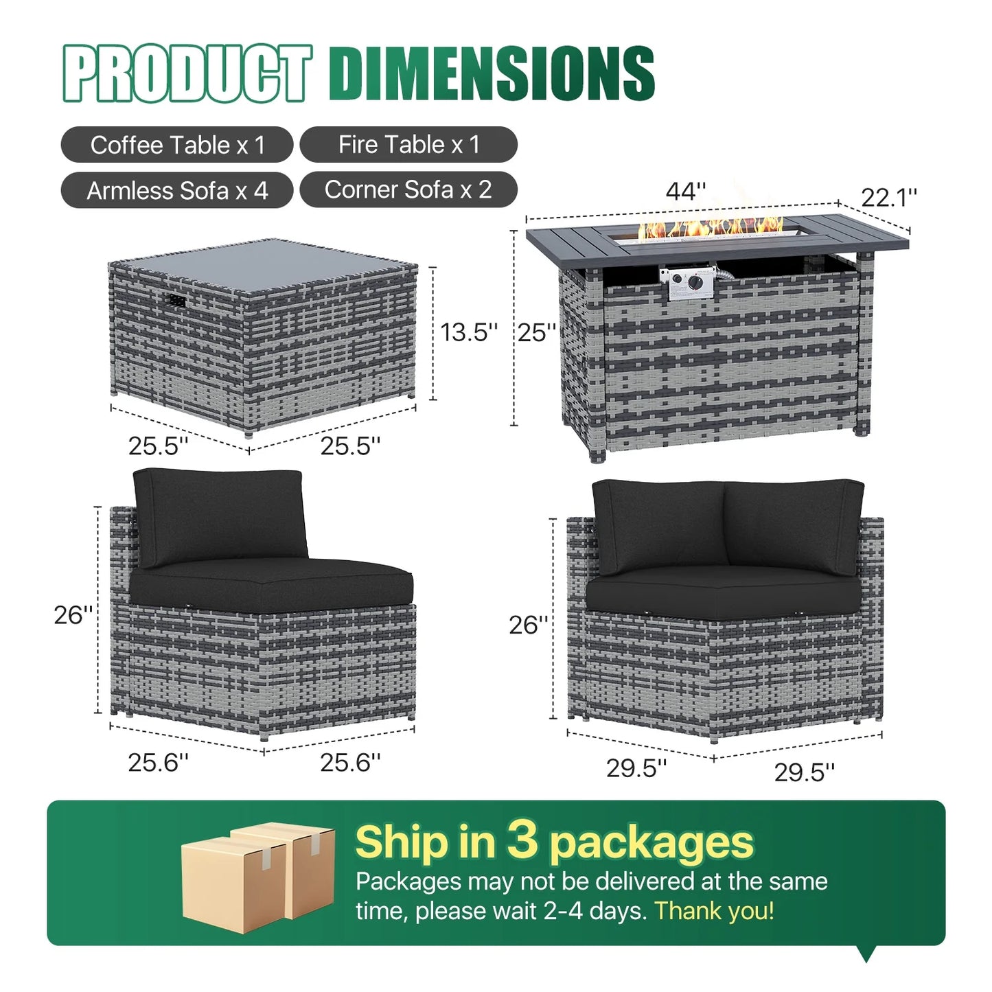 Clouddwell 8 Piece Patio Furniture Set with 44” Fire Pit Table Wicker Rattan Patio Conversation Set Outdoor Sectional Sofa Set with Coffee Table and Black Cushions(Waterproof Cover Included)