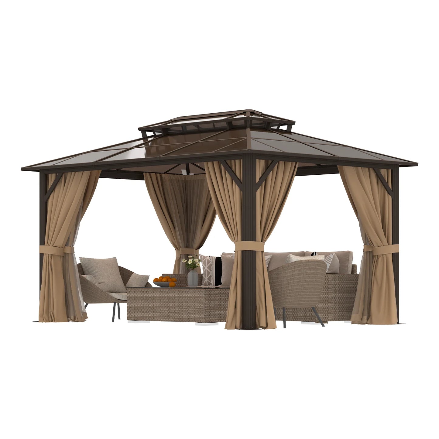 Sunmthink 10' x 14' Hardtop Gazebo,Polycarbonate Double Roof,Aluminum Frame with Curtains and Netting for Patio,Garden,Brown