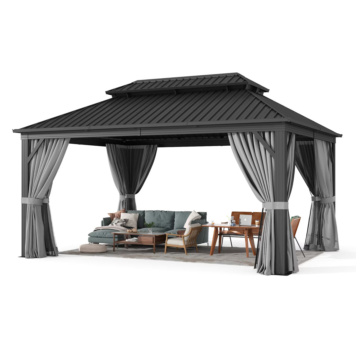 Dateyes 12x16 FT Outdoor Hardtop Gazebo, Aluminum Frame Gazebo with Removable Mesh Walls and Curtains for Patio, Lawns, Gray