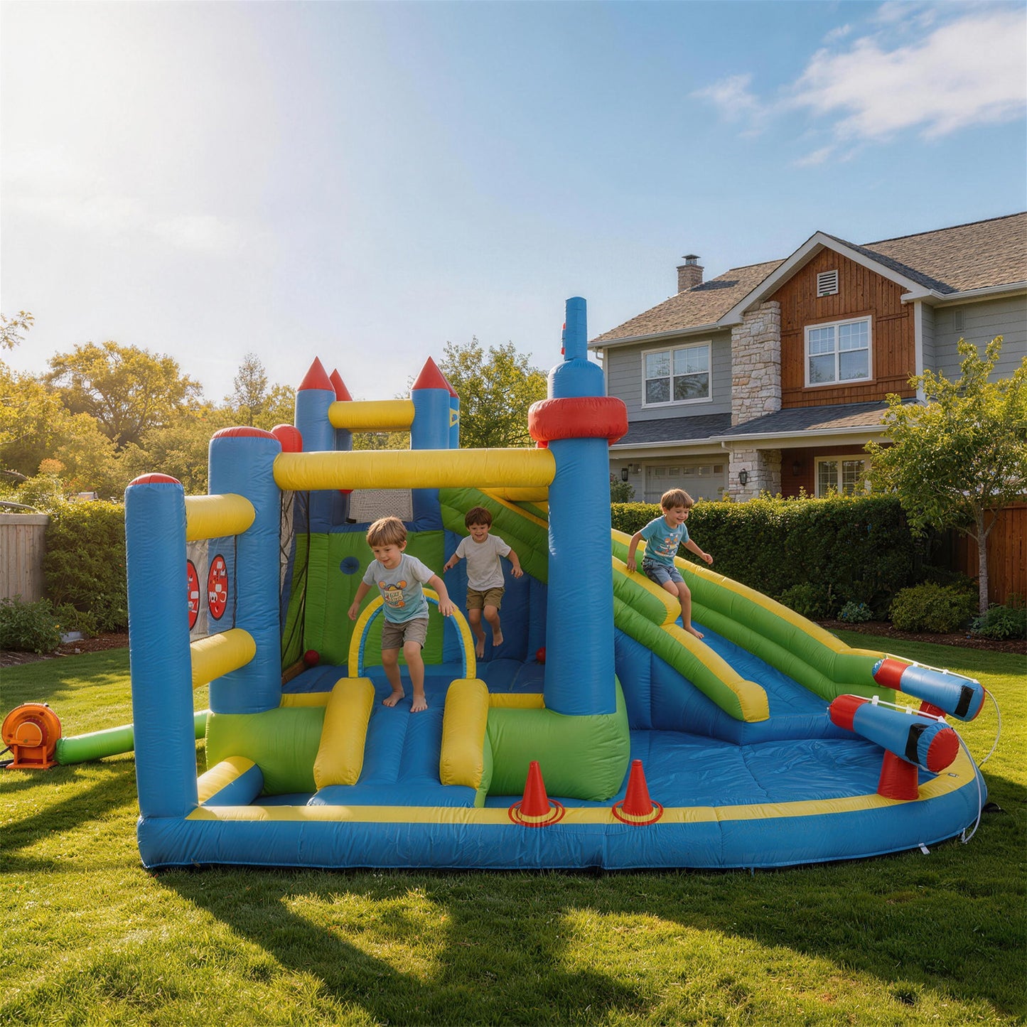 Clouddwell Inflatable Water Slide for Kids with 450W Blower, 5 in 1 Water Park Bounce House for Outdoor Summer Fun, Castle Style, 12x14FT