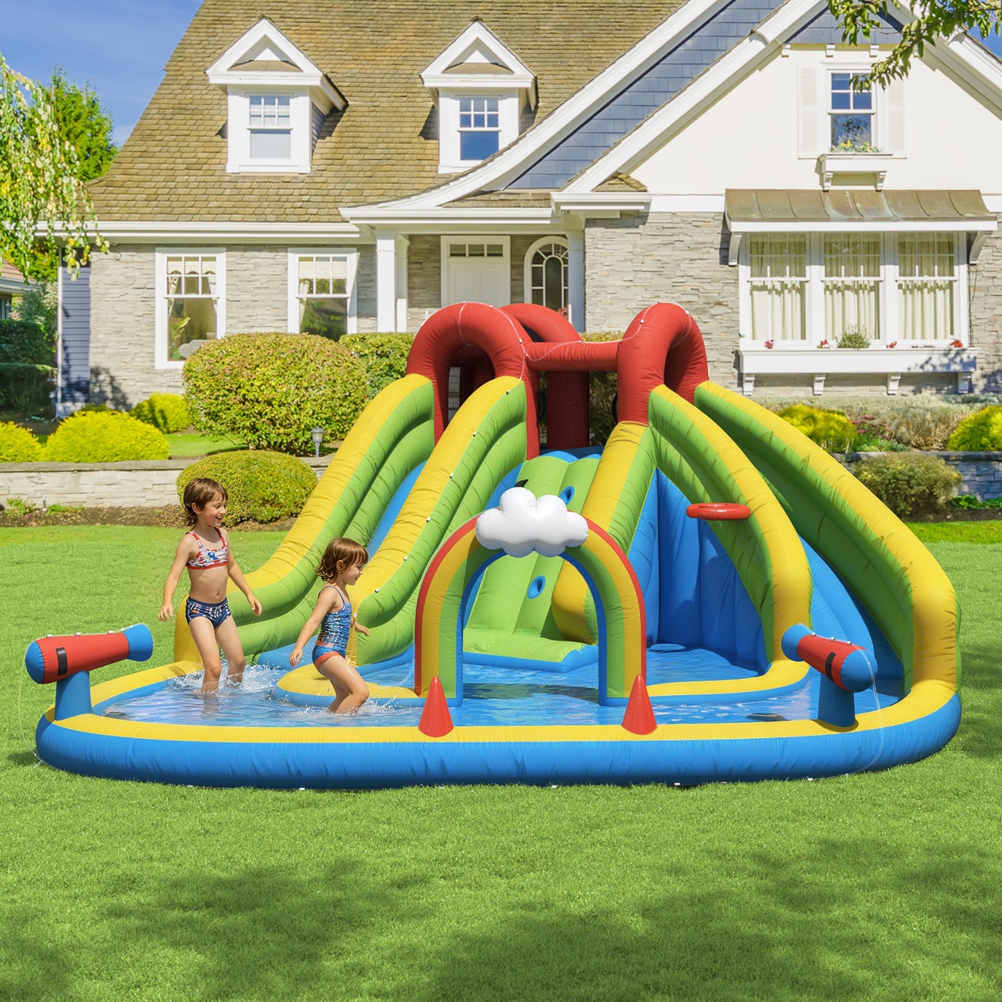 Clouddwell Inflatable Water Slide for Kids with 450W Blower, 6 in 1 Water Park Bounce House for Outdoor Summer Fun, Double Slide, 13x15FT