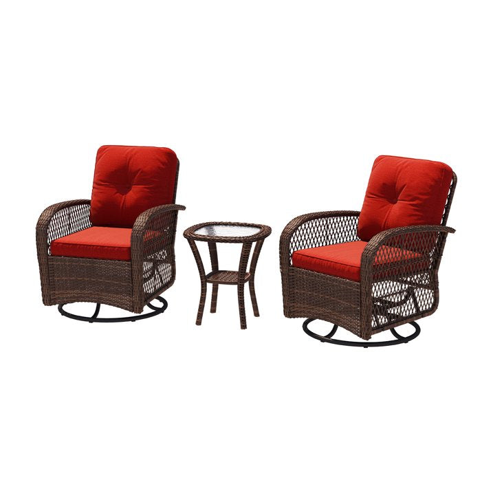 Sunmthink 3-Piece Patio Furniture Set with Swivel Rocking Chairs and Side Table, Thickened Cushions Outdoor Wicker Bistro for Porch Deck Backyard (Red)