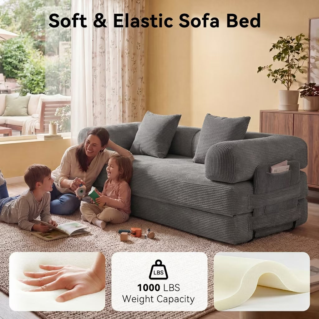 LazySunsets Sofa Bed Convertible Boneless Couch Corduroy Modular Couch Bed with Fixed-Shape Frame & Removable Armrests for Living Room, Bedroom Gray