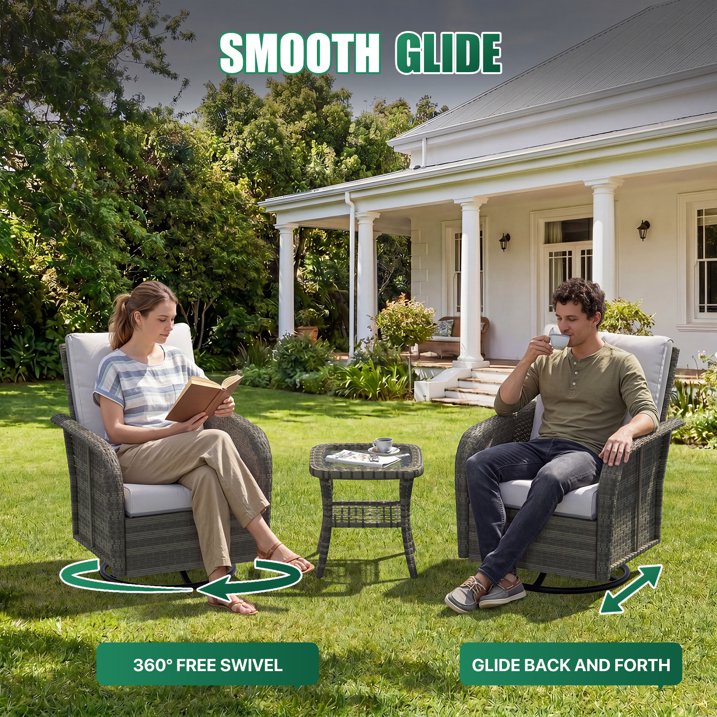 Sunmthink 7-Piece Patio Furniture Set, High Back Swivel Rocker Chairs with Thick Cushions, Wicker Rattan Outdoor Sectional Sofa with Coffee Table & Ottoman, Gray