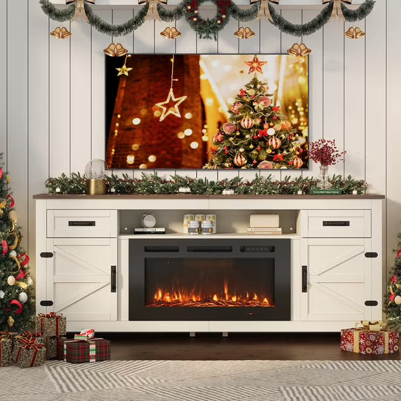 Sonegra 80" Fireplace TV Stand, Entertainment Center for TVs Up to 90”, TV Console with Storage Cabinets, Media Console for Living Room, White TV Stand and Black Fireplace, White