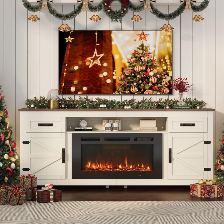 Sonegra 80" Fireplace TV Stand, Entertainment Center for TVs Up to 90”, TV Console with Storage Cabinets, Media Console for Living Room, White TV Stand and Black Fireplace, White