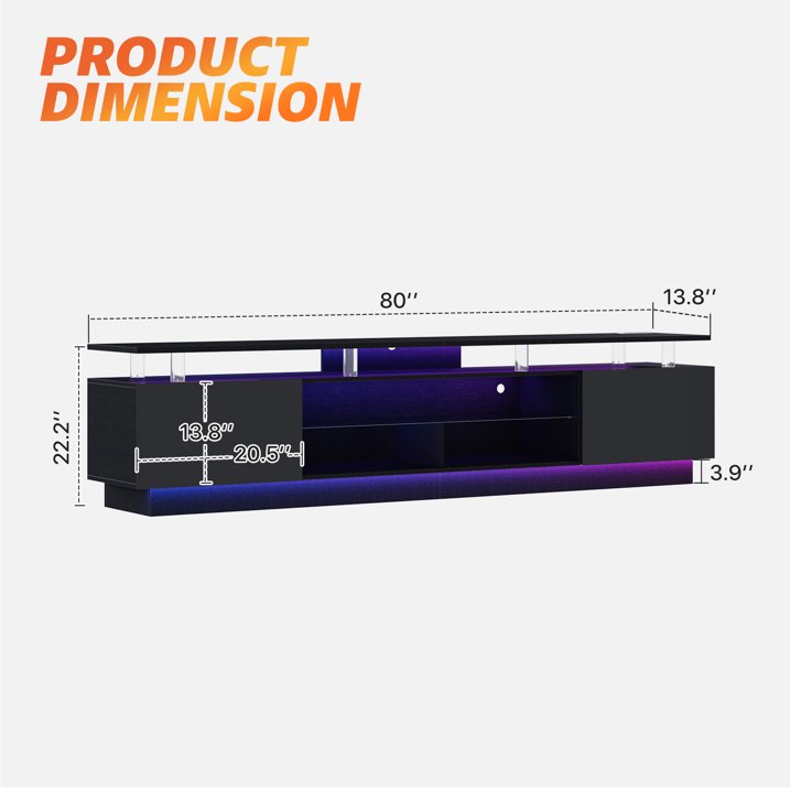 Sonegra 80” High-Glossy TV Stand with 2 Side Cabinets, Modern Stylish TV Console with 3 Layer LED Lights,Gaming TV Media Console with Adjustable Glass Shelf, Black