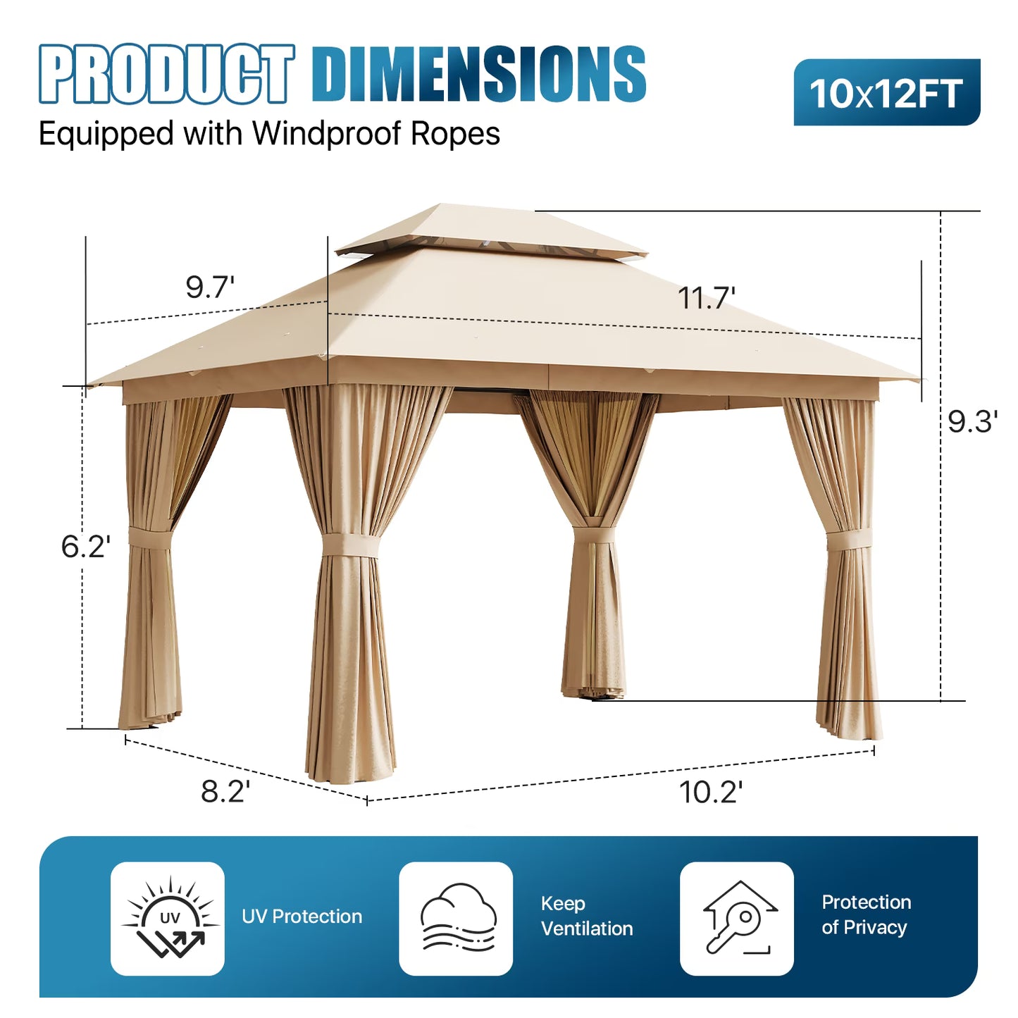Sunmthink Outdoor Gazebo for Patio 10'x12', Metal Frame Canopy with Double Roofs, Heavy Duty Party Tent and Shelter with Mosquito Netting and Privacy Screen for Backyard,Garden,Deck (Beige)