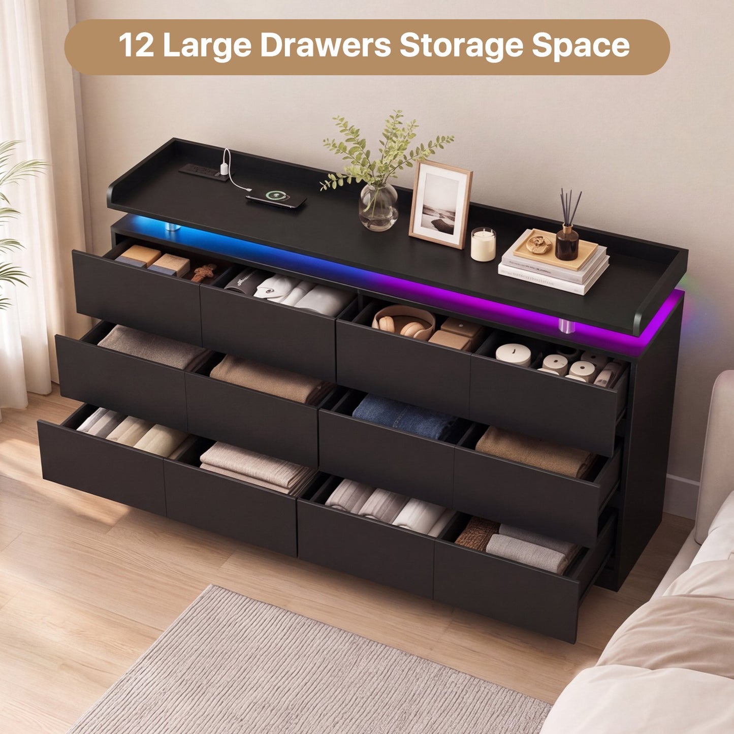 Sonegra 63 Inch 12‑Drawer Dresser, Modern High Gloss Chest of Drawers with LED Light & Glass Tabletop, Large Storage Cabinet for Bedroom Living Room, Black