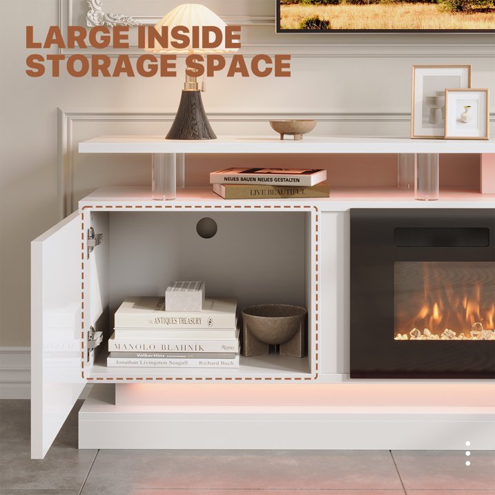 Sonegra Fireplace TV Stand with Electric Fireplace up to 90", Entertainment Center with Fireplace, LED 80" Modern TV Console with Storage for Livingroom, White