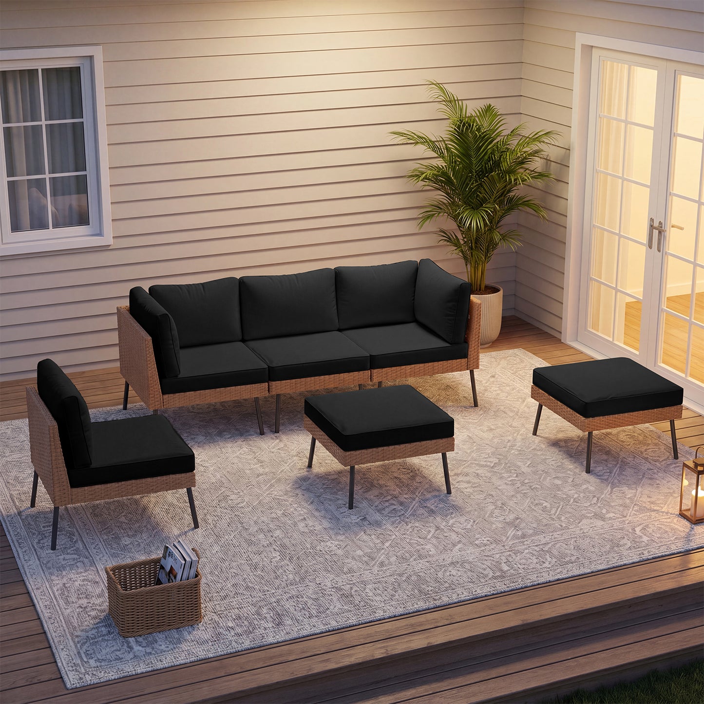 Clouddwell 6-Piece Patio Furniture Set, Wicker Outdoor Furniture with Water Resistant Thick Cushions, Patio Conversation Set Outdoor Sectional Sofa with Coffee Table for Backyard Poolside, Black